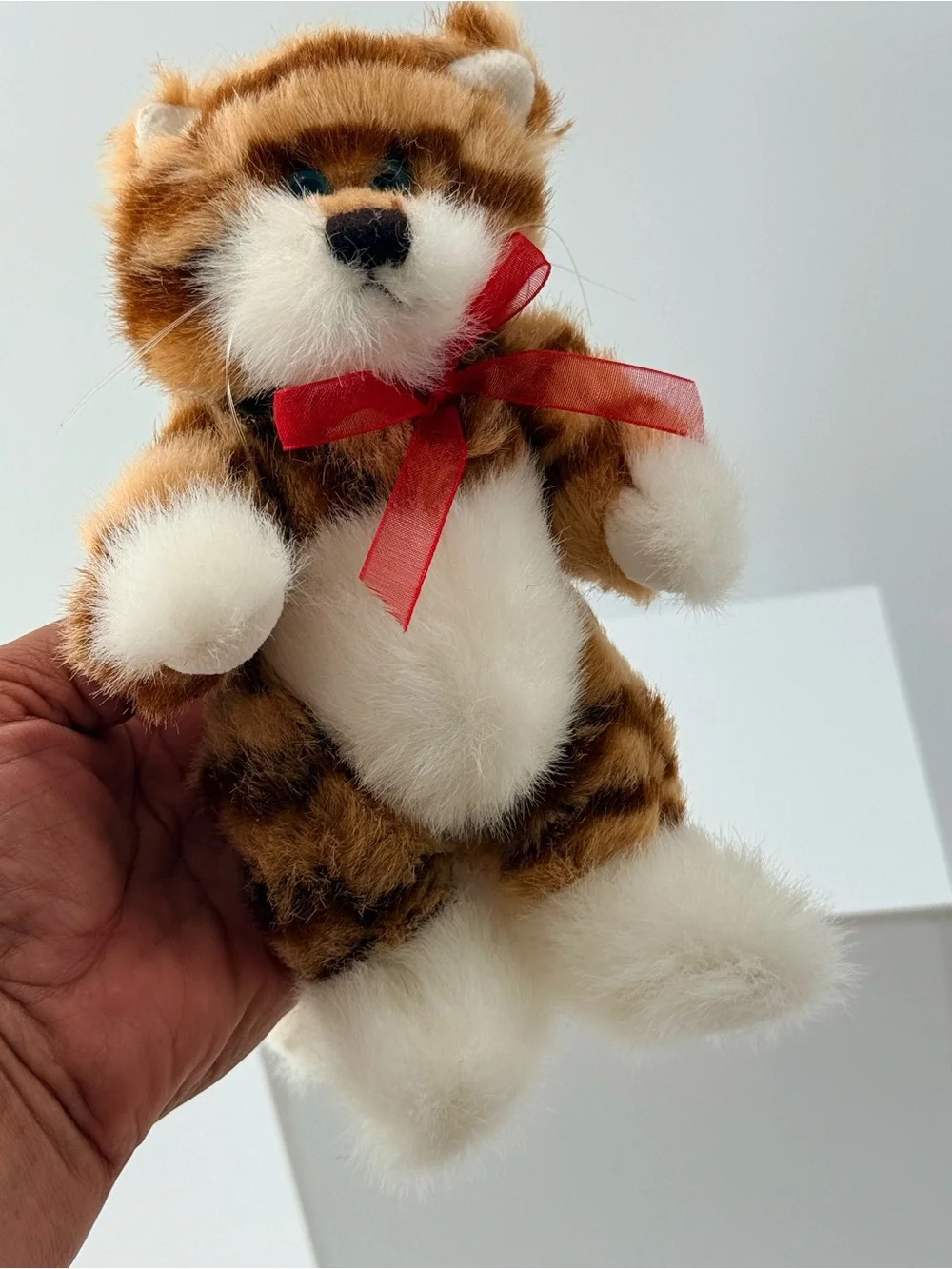 Boyds Bears Brown and White Striped Plush Cat with Red Ribbon